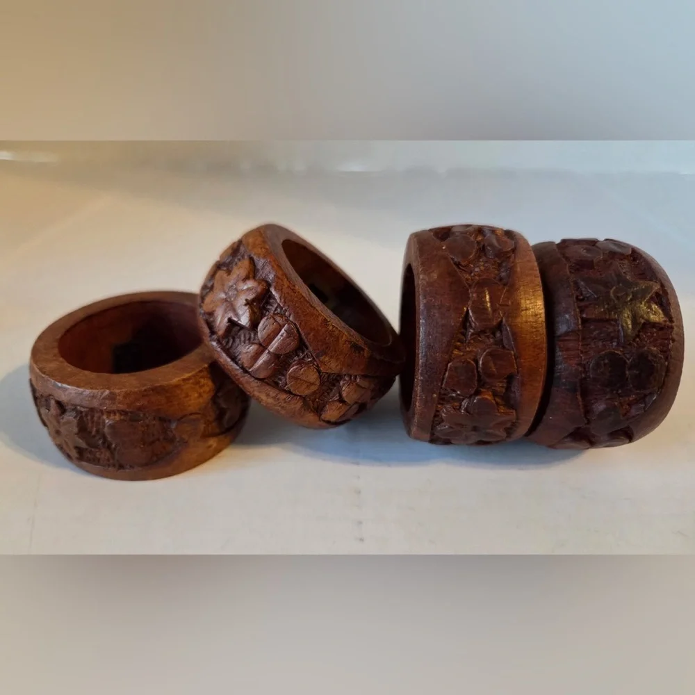 Hand-Carved Wooden Napkin Rings Set of 4 Made in India Vintage